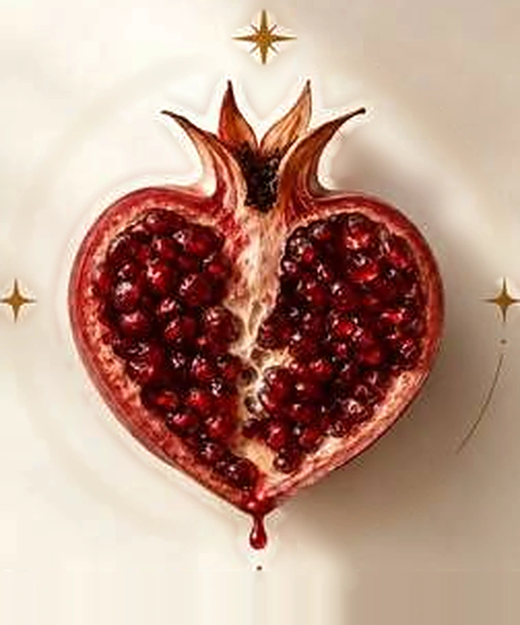 A pomegranate cut open in the shape of a heart